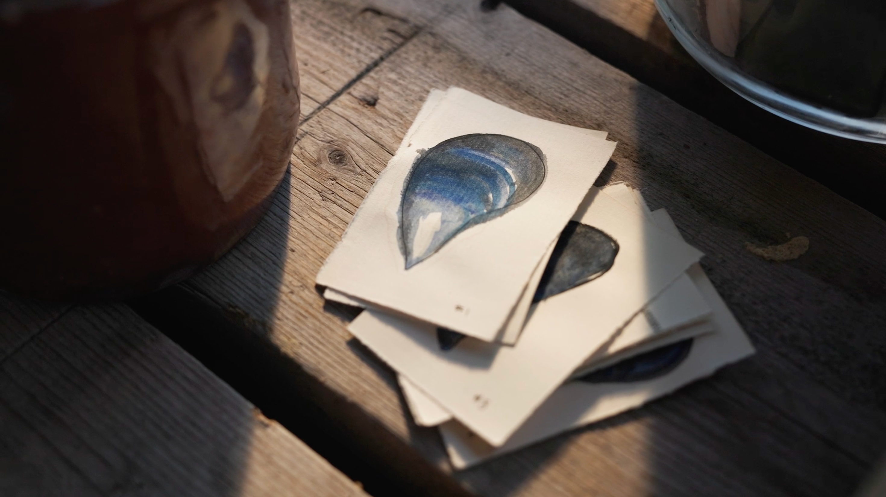 Paper cards on a wooden table